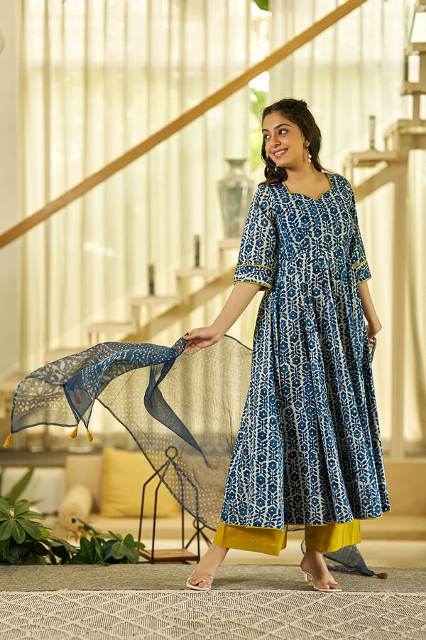 Noor Indigo handblock Anarkali suit set