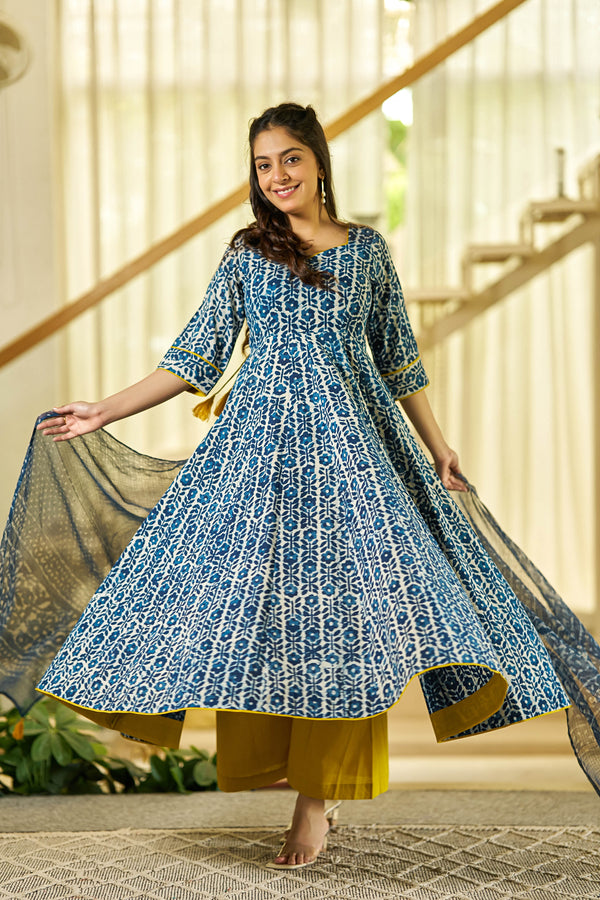 Noor Indigo handblock Anarkali suit set