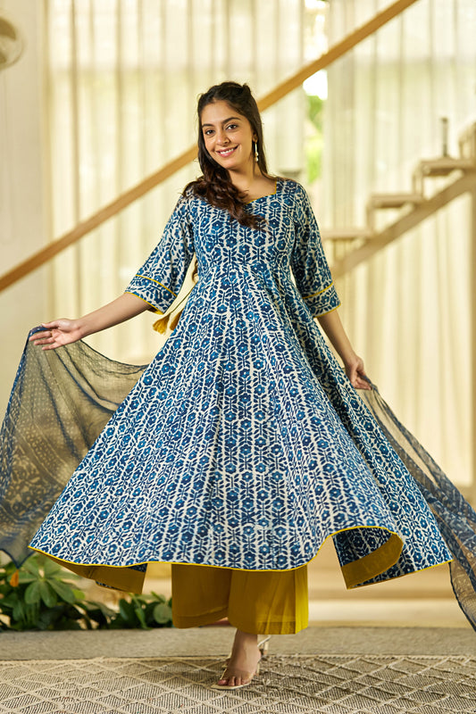 Noor Indigo handblock Anarkali suit set