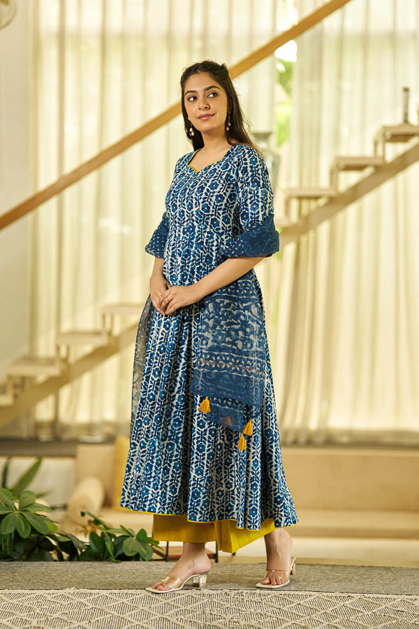 Noor Indigo handblock Anarkali suit set