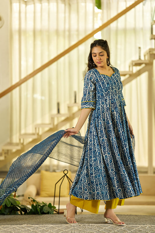 Noor Indigo handblock Anarkali suit set