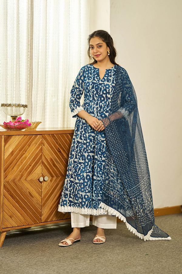Neel Dabu handblock Anarkali set