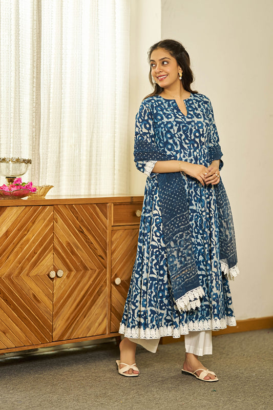 Neel Dabu handblock Anarkali set