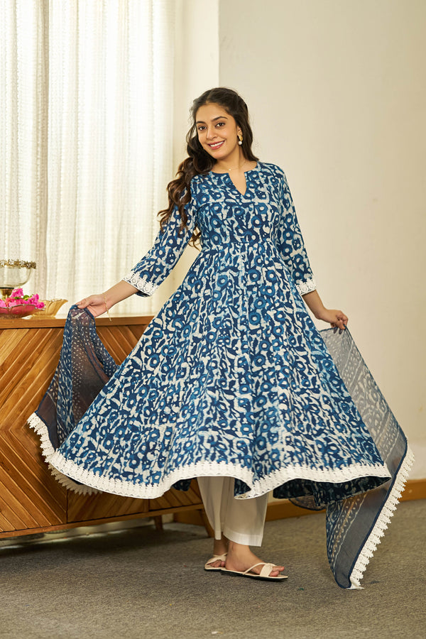 Neel Dabu handblock Anarkali set