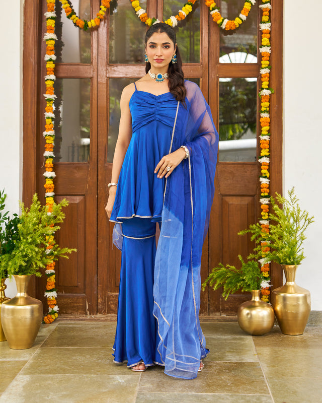 Royal Blue Satin Sharara Set