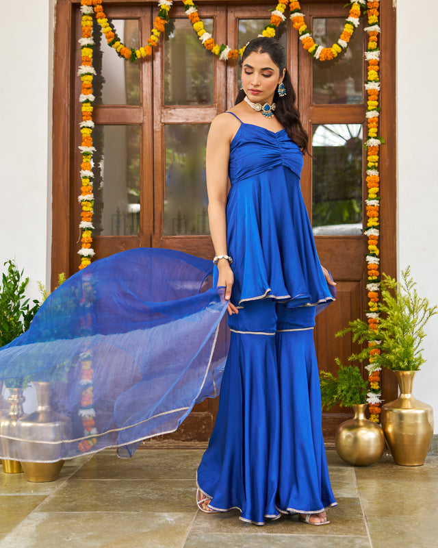 Royal Blue Satin Sharara Set