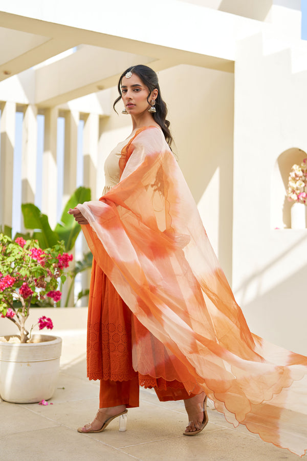 Gul Orange Ombre Cotton Schiffli Suit Set