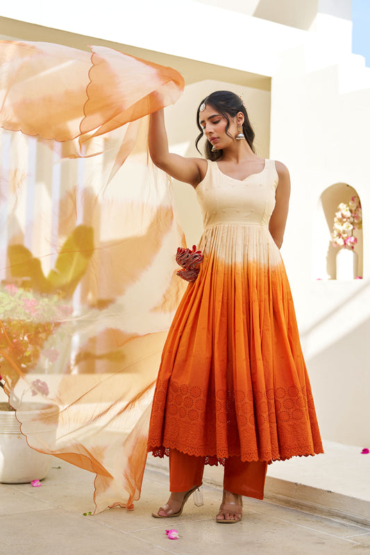 Gul Orange Ombre Cotton Schiffli Suit Set