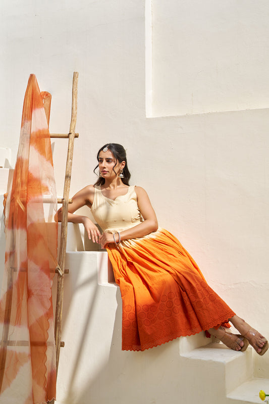 Gul Orange Ombre Cotton Schiffli Suit Set