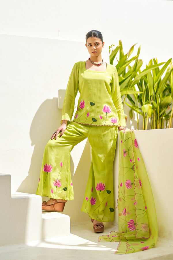 Taru Lime Green Handpainted Sharara Set