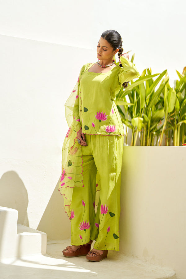Taru Lime Green Handpainted Sharara Set