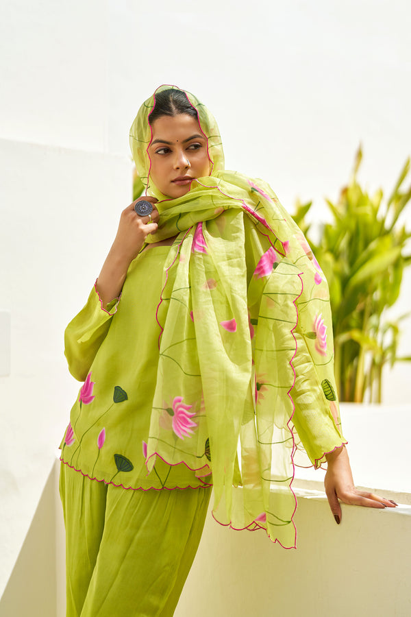 Taru Lime Green Handpainted Sharara Set
