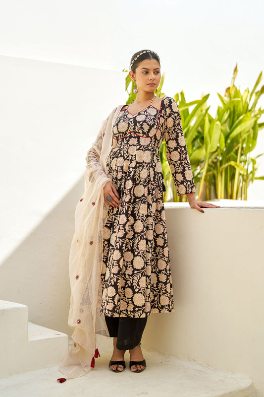 Black Blossom Anarkali Suit Set