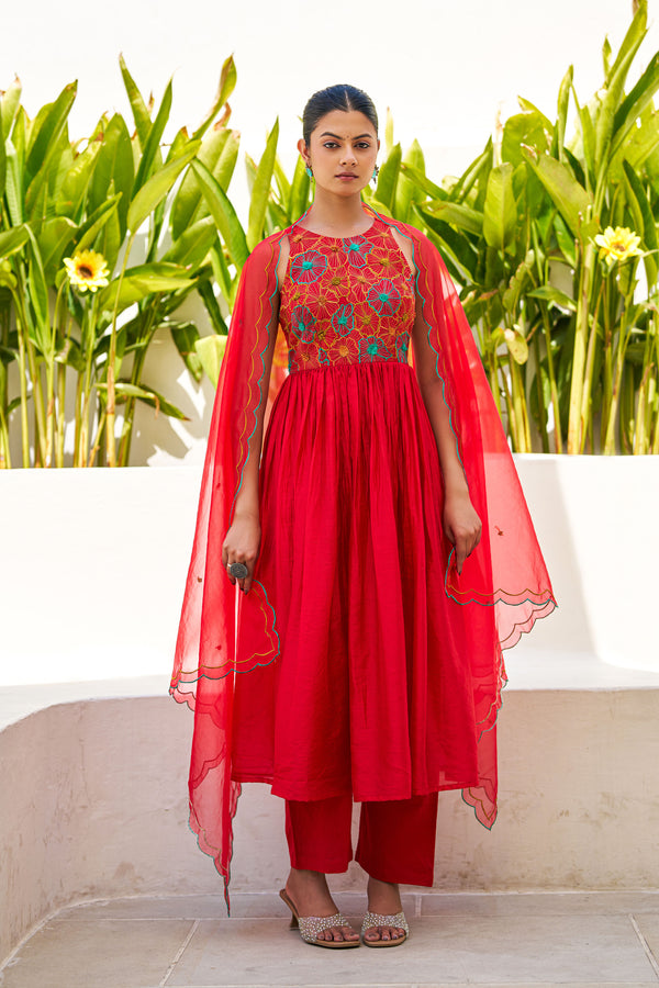 Noor Red Chanderi Embroidery Suit Set