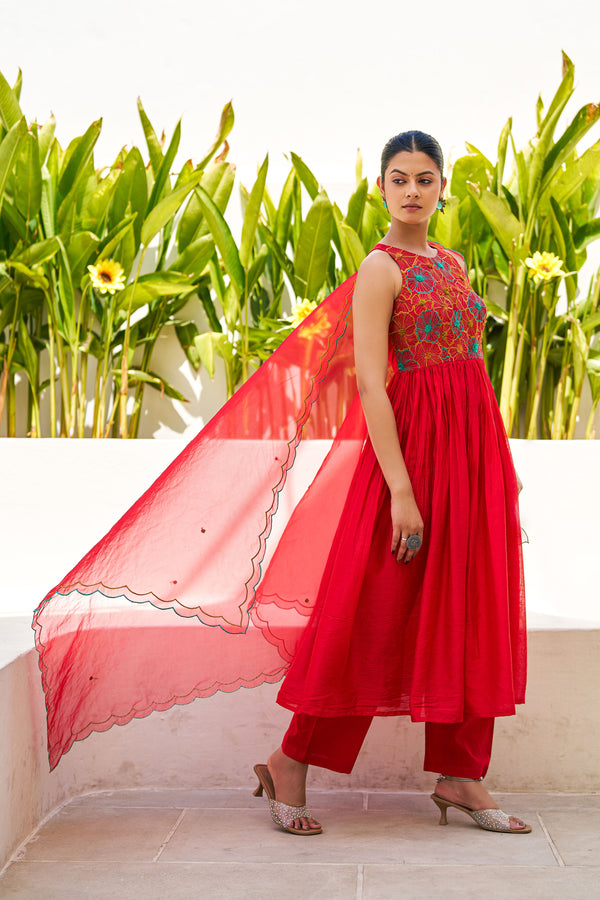 Noor Red Chanderi Embroidery Suit Set