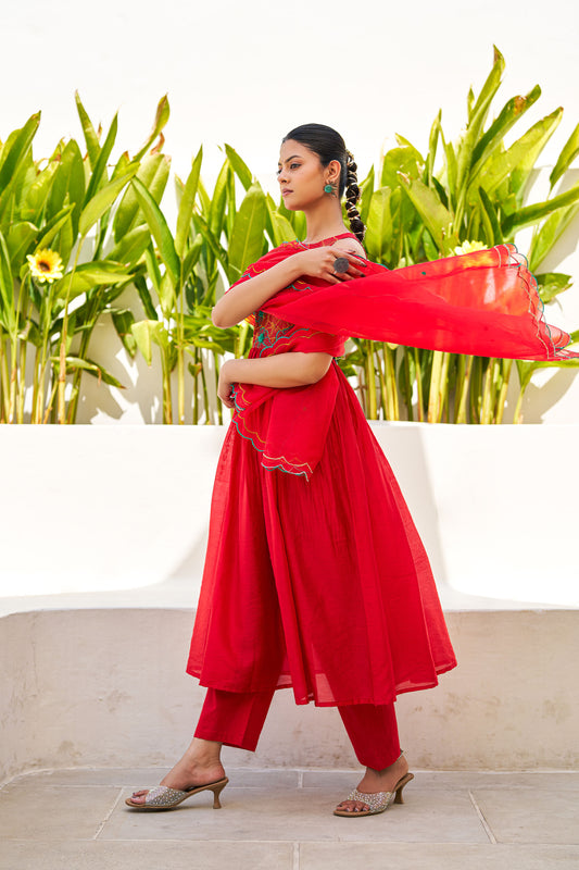 Noor Red Chanderi Embroidery Suit Set