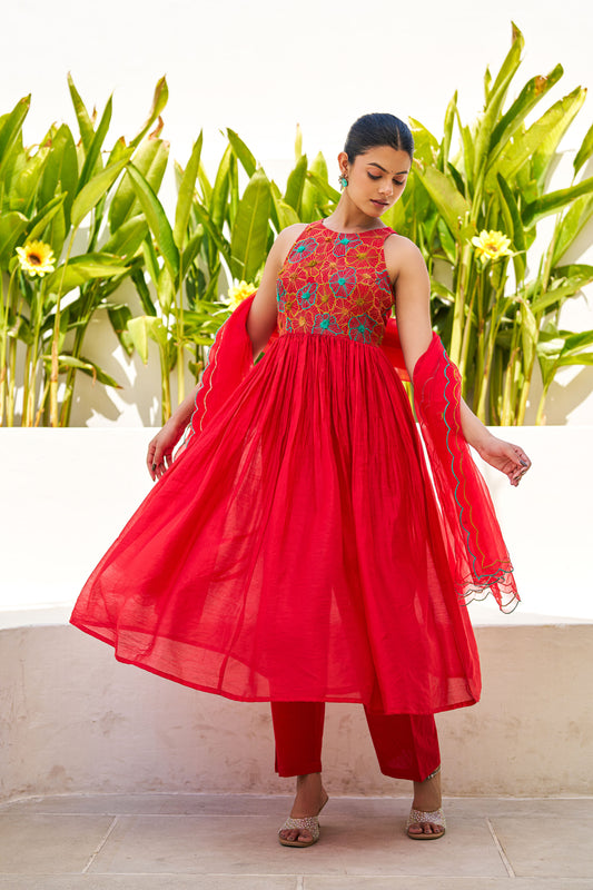 Noor Red Chanderi Embroidery Suit Set