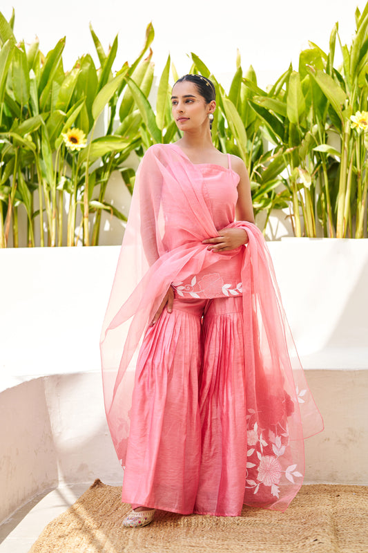 Virasat Pink Chanderi Embroidered Sharara Set