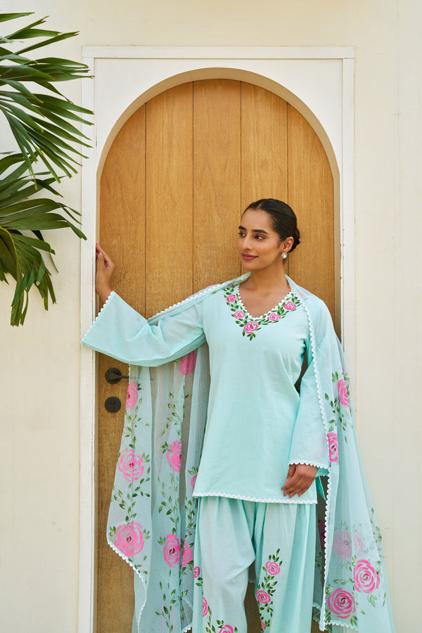 Meher Mint Green Cotton Handpainted Farsi Shalwar Set