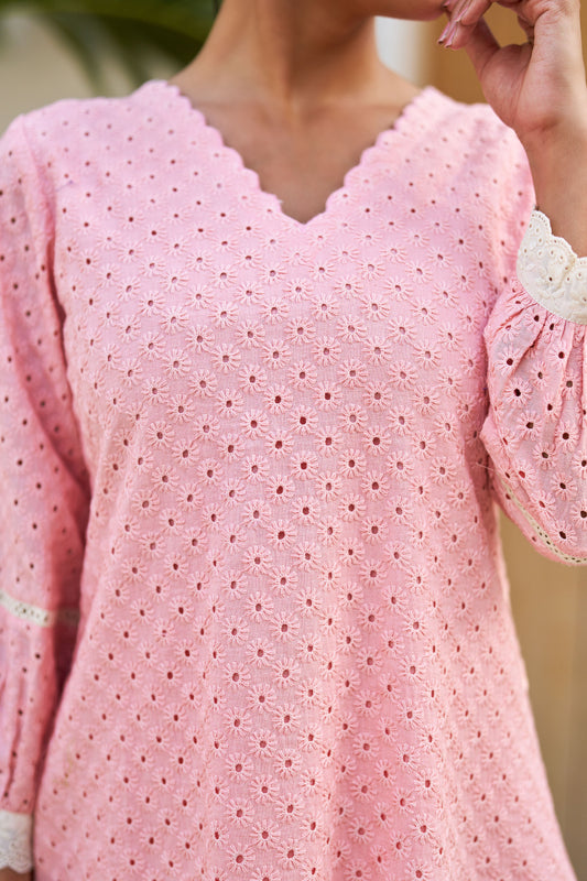 Aabha Pink Cotton Schiffli Coord Set
