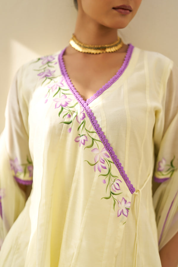 Ziya Butter Yellow Chanderi Hand Painted Angrakha Suit Set