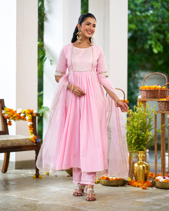 Mary Pink flared Kurta Suit Set