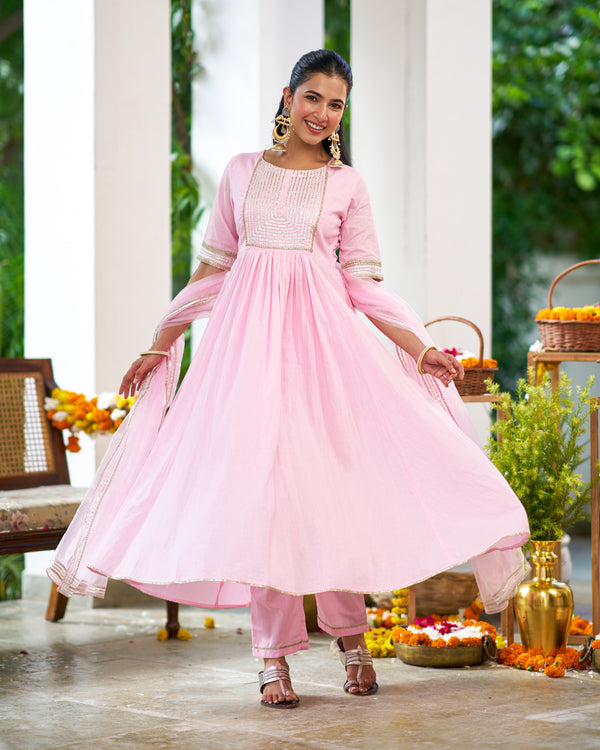 Mary Pink flared Kurta Suit Set