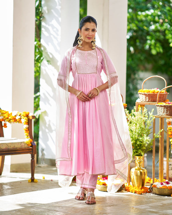 Mary Pink flared Kurta Suit Set