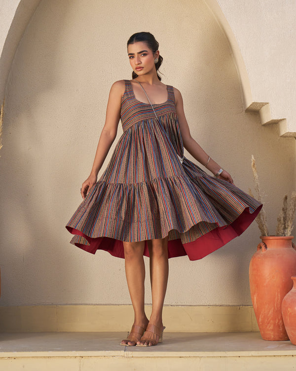 Rustic Bloom Handblock Tiered Dress