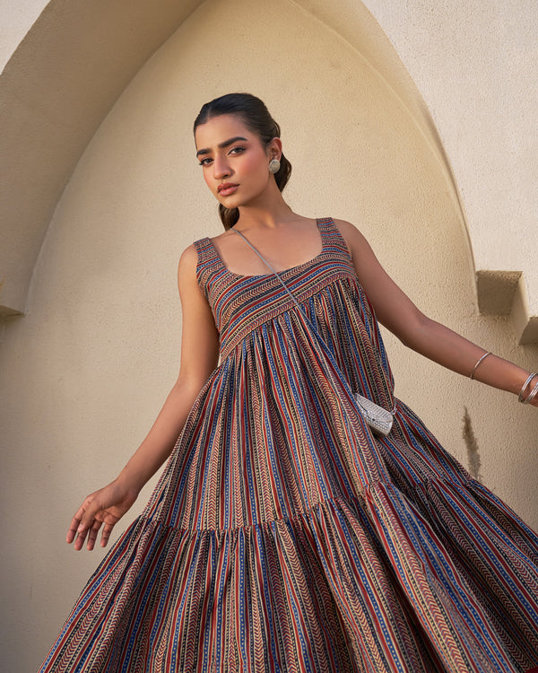 Rustic Bloom Handblock Tiered Dress