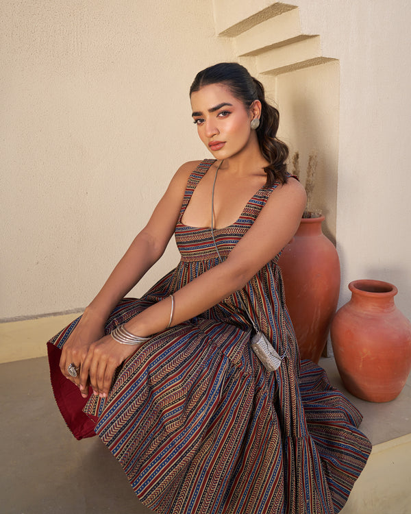 Rustic Bloom Handblock Tiered Dress