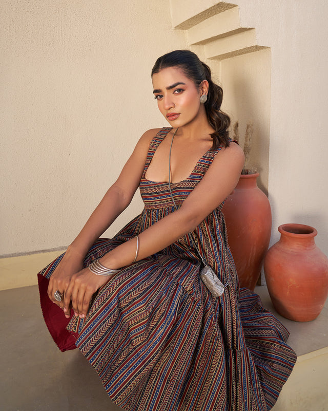 Rustic Bloom Handblock Tiered Dress