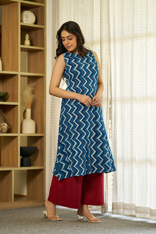 zigzag indigo handblock kurta set