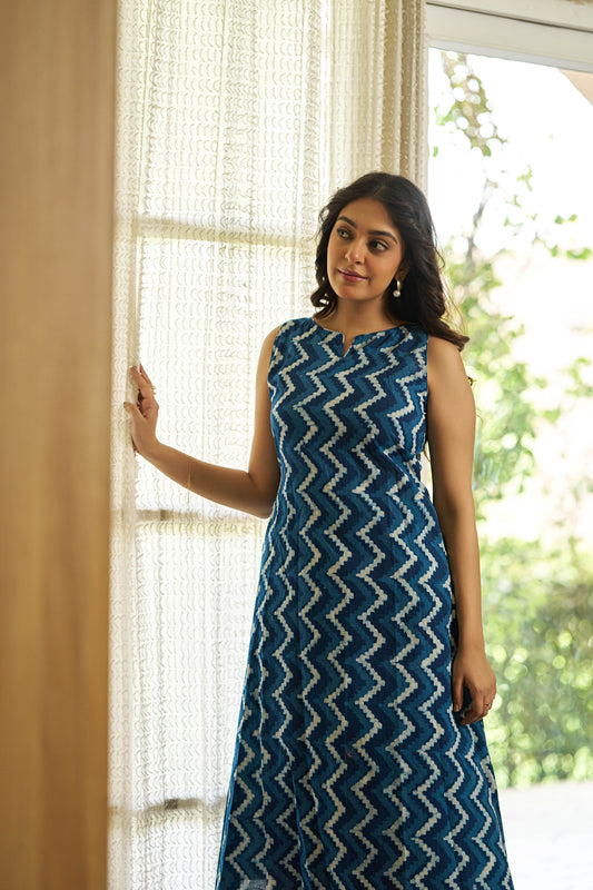 zigzag indigo handblock kurta set