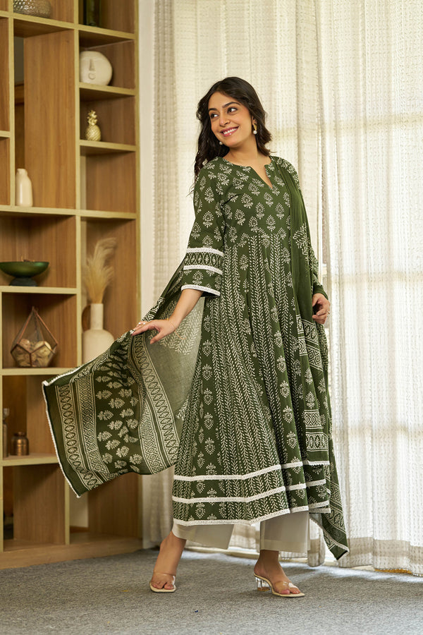 Harit bagru handblock Anarkali Suit set