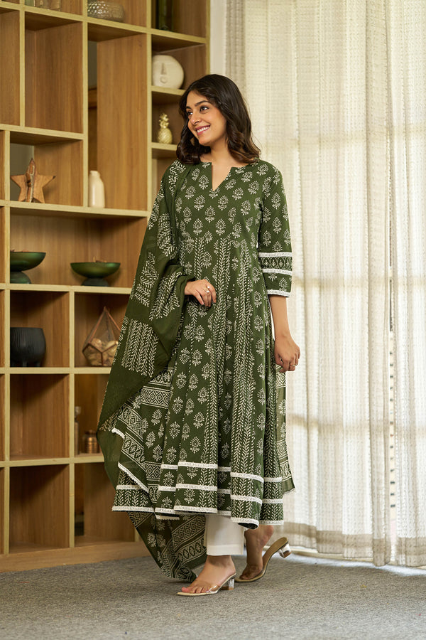 Harit bagru handblock Anarkali Suit set
