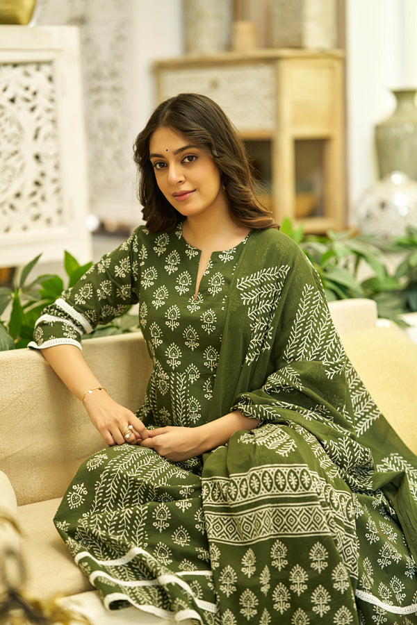 Harit bagru handblock Anarkali Suit set