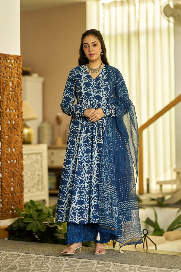 Indigo glow handblock Angrakha set