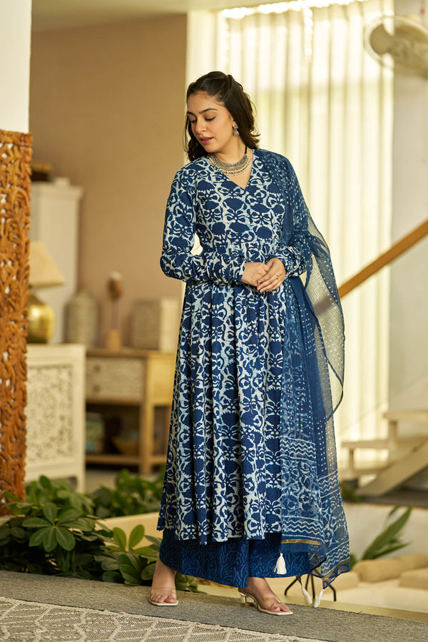 Indigo glow handblock Angrakha set