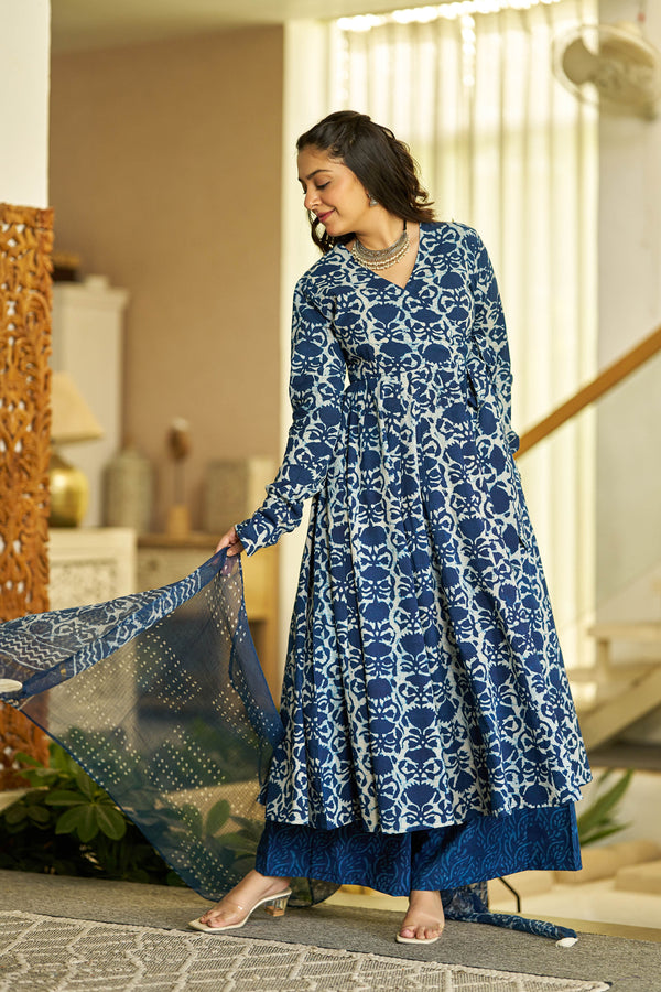 Indigo glow handblock Angrakha set
