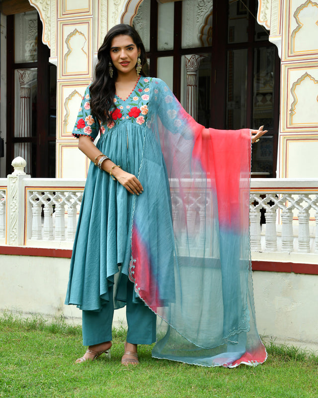 Noorie Floral High Low Chanderi Suit Set
