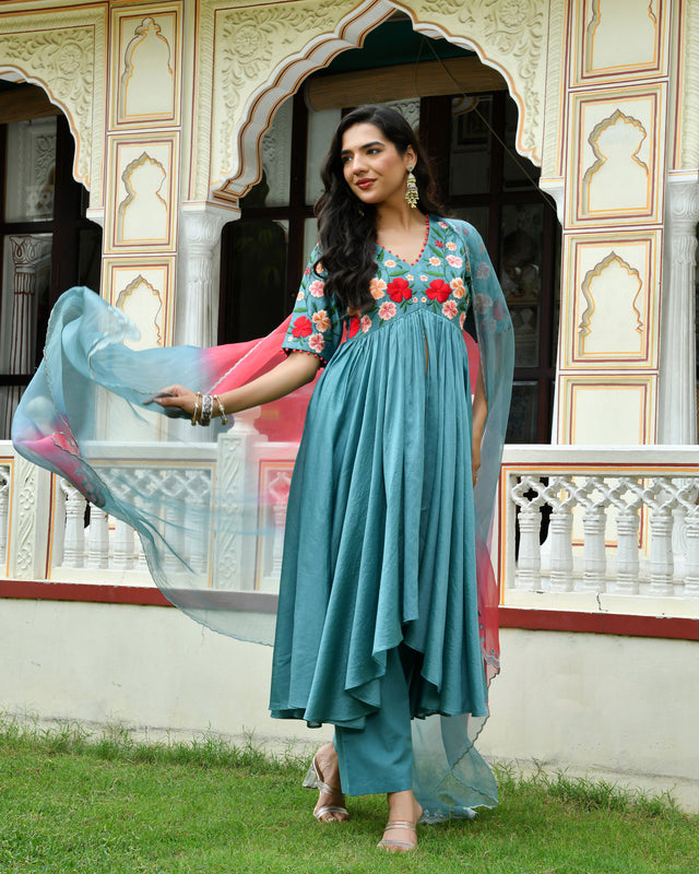 Noorie Floral High Low Chanderi Suit Set