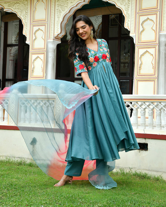 Noorie Floral High Low Chanderi Suit Set
