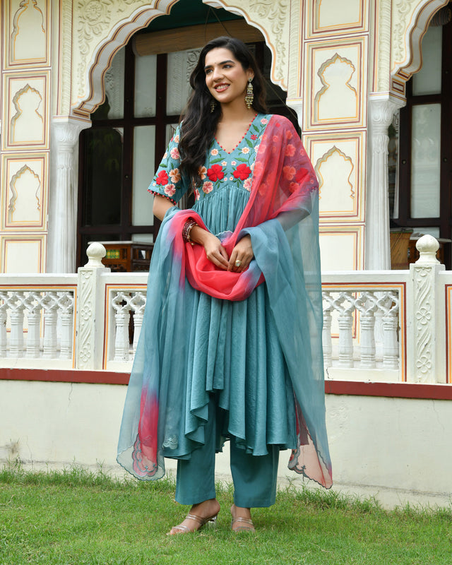 Noorie Floral High Low Chanderi Suit Set