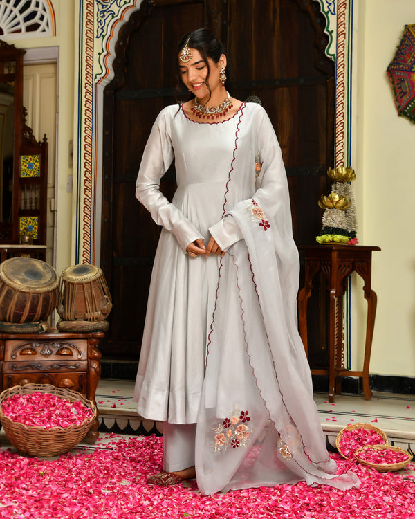 Seher Grey Embroidered Chanderi Suit Set