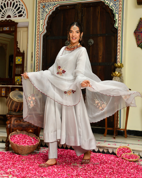 Seher Grey Embroidered Chanderi Suit Set