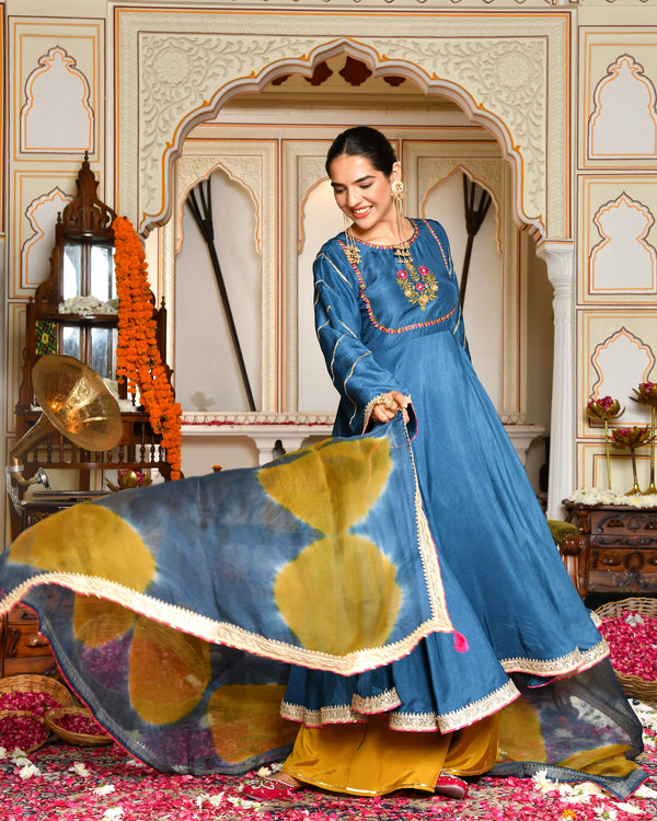 Niya Teal Blue Silk Suit Set