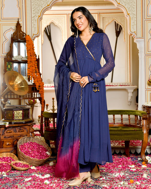 Aafreen Blue Embroidered Georgette Angrakha Set