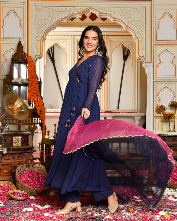 Aafreen Blue Embroidered Georgette Angrakha Set