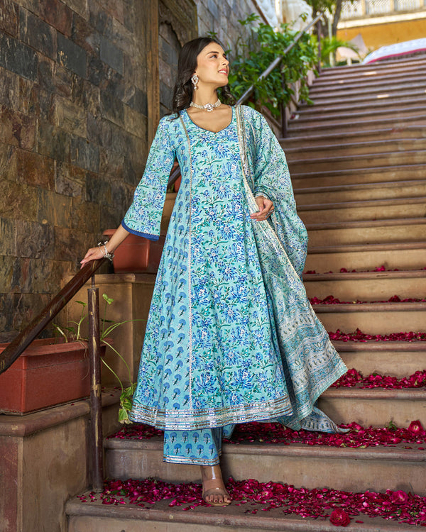 Yara Handblock Cotton Gotapatti Suit Set